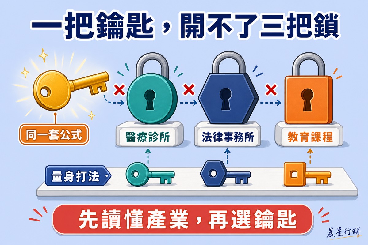 一把發光的金色鑰匙標示同一套公式，旁邊排著三把不同形狀顏色的鎖分別標示醫療診所、法律事務所、教育課程，鑰匙與每把鎖之間都有紅色叉號表示打不開，下方擺著三把對應形狀顏色的小鑰匙標示量身打法