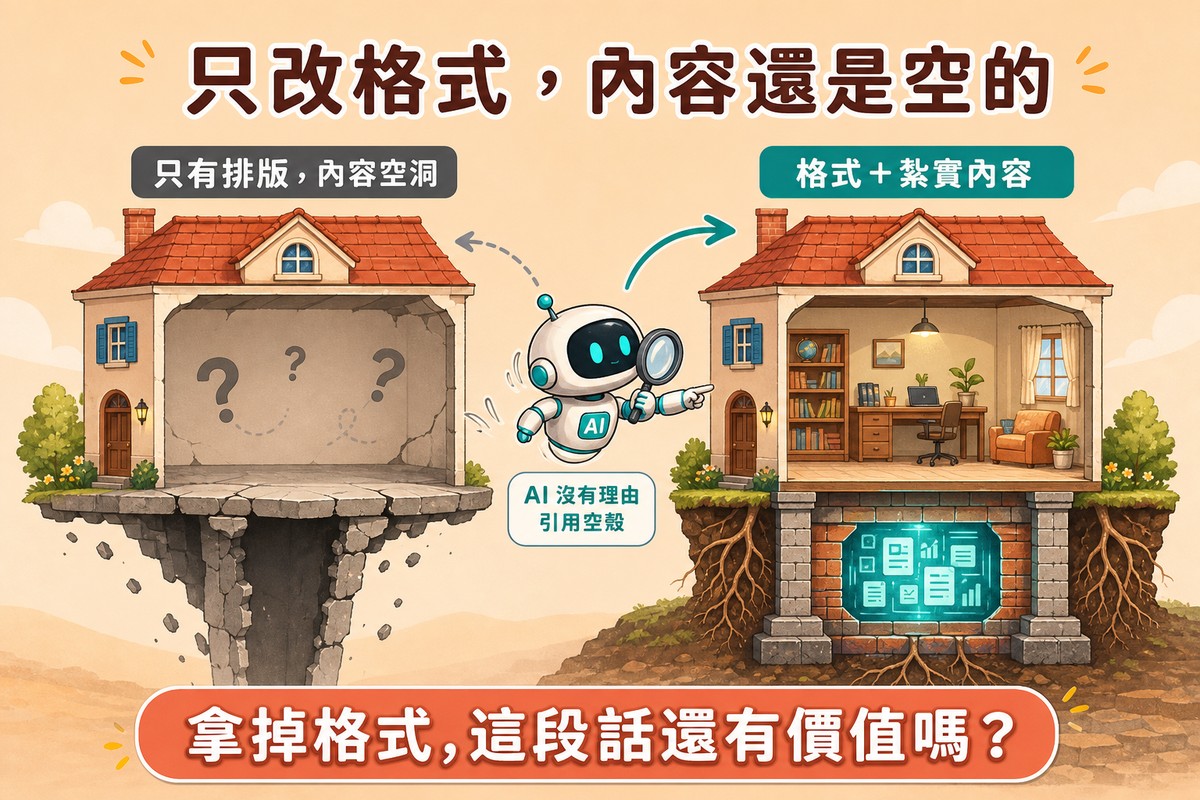兩棟同樣外觀的房屋剖面對照圖,左邊房屋內部空洞只有問號漂浮在懸崖邊的破損平台上,右邊房屋有紮實磚造地基與發光資料圖示及書房家具,中間一個AI機器人角色手持放大鏡指向右邊房屋