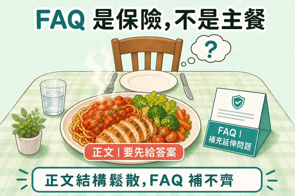 餐桌俯視圖,中央有一大盤冒著熱氣豐盛的珊瑚色主餐代表正文,旁邊放著一份小小摺疊的青色保險文件代表FAQ,對面一張空椅子上方有問號思考泡泡代表讀者仍感覺不夠