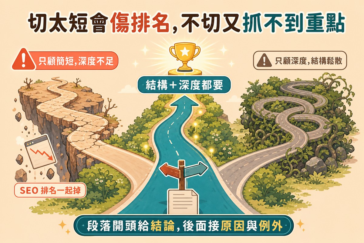 空中俯視三岔路口,左邊珊瑚色道路變窄裂開通往懸崖邊掉落的排名圖表,右邊灰棕色道路纏繞打結,中間青色道路最寬最平坦通往發光獎盃,標示結構加深度都要