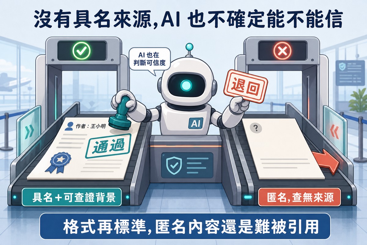 安檢閘門圖,圓形機器人守門員檢查兩份文件,左邊文件貼有作者姓名標籤與資歷徽章被蓋上青色通過印章綠燈亮起,右邊空白匿名文件只有問號被蓋上珊瑚色退回印章紅燈亮起