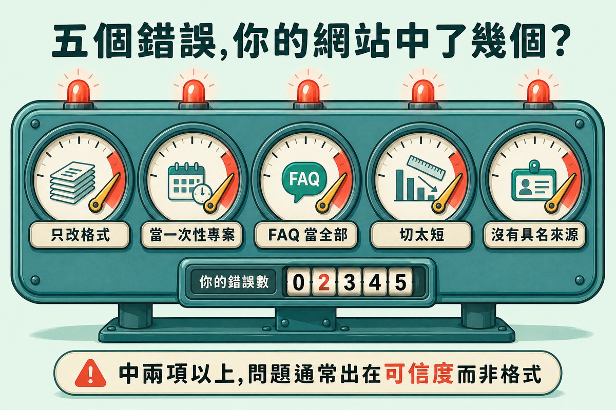 青色控制面板上五個圓形儀表,指針分別指向紅色警戒區並亮起珊瑚色警示燈,圖示依序為紙堆、日曆時鐘、FAQ對話泡泡、縮小的尺、身分證,下方有錯誤數計數面板