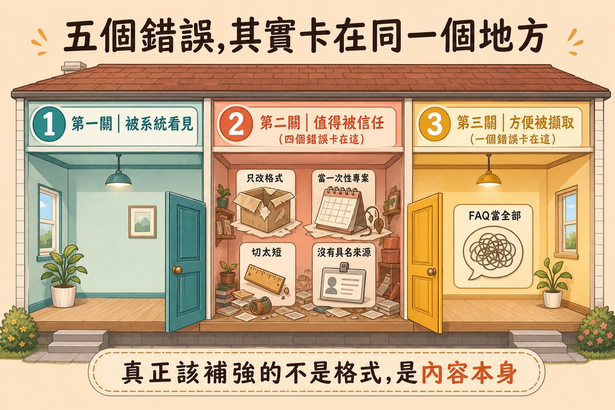 三房間剖面平面圖,第一間青色房間標示被系統看見且空無一物,第二間橘紅色房間標示值得被信任且堆滿四個雜物代表四個錯誤,第三間黃色房間標示方便被擷取且有一個打結的FAQ對話泡泡