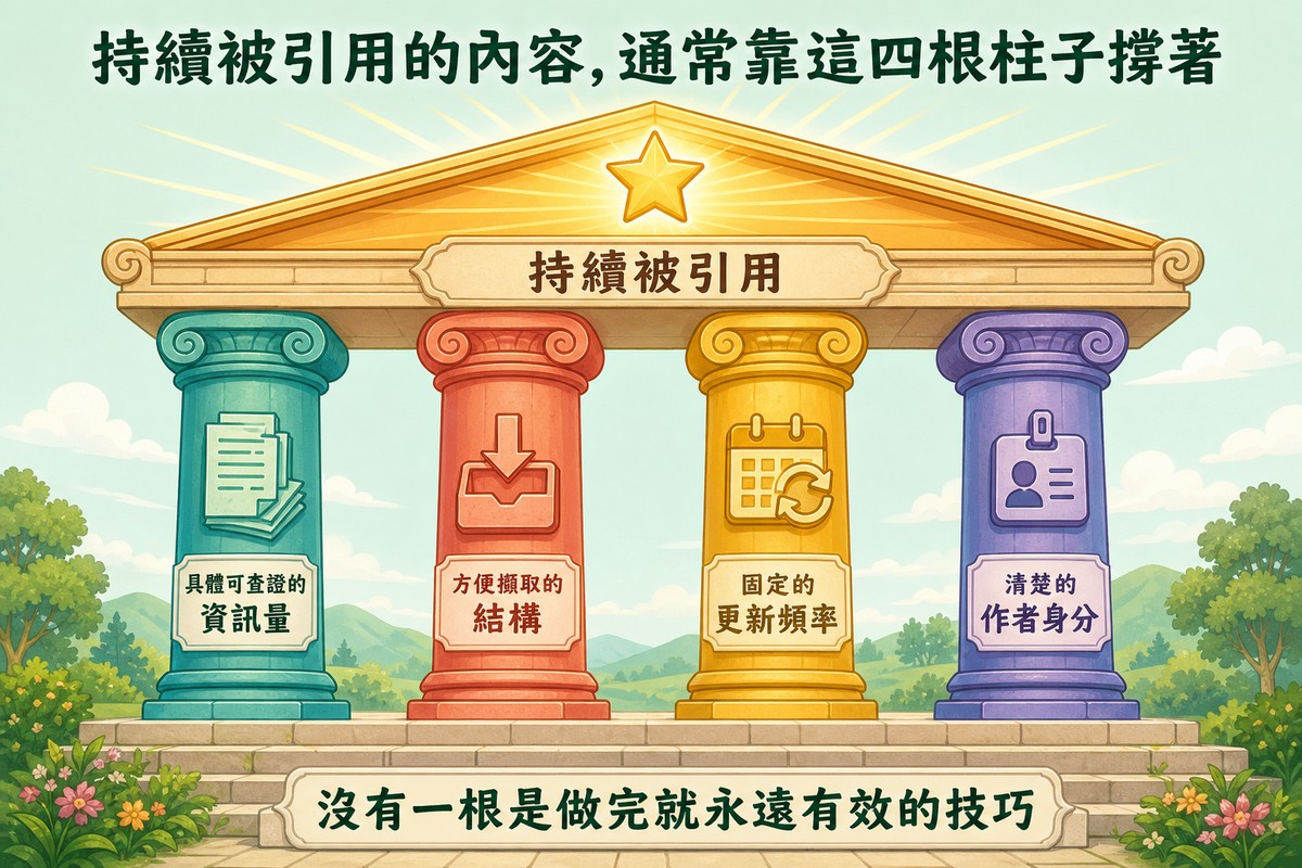 神殿結構圖,發光屋頂中央有星星徽章標示持續被引用,四根柱子分別是青色刻文件圖示標示資訊量、珊瑚色刻箭頭圖示標示擷取結構、金黃色刻日曆圖示標示更新頻率、紫藍色刻身分證圖示標示作者身分