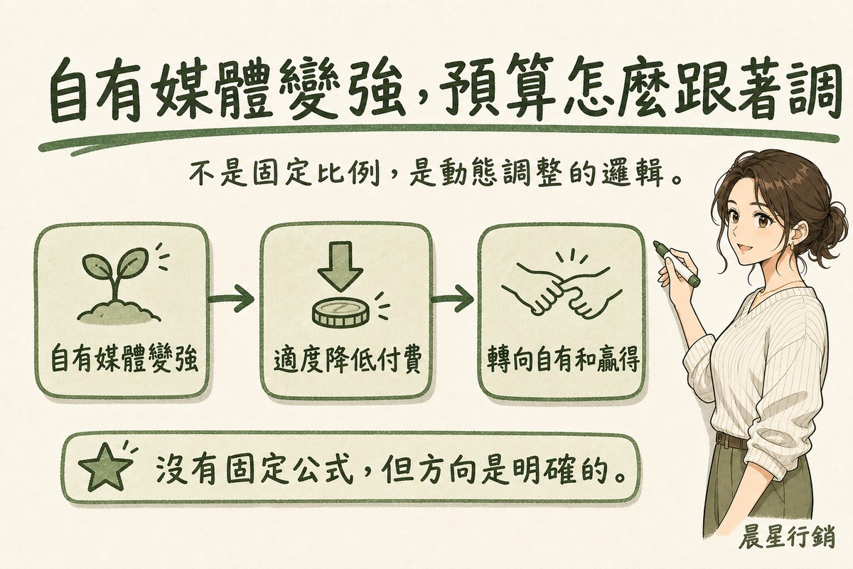 手繪白板三步驟流程圖,箭頭依序連接自有媒體變強、適度降低付費、轉向自有和贏得媒體