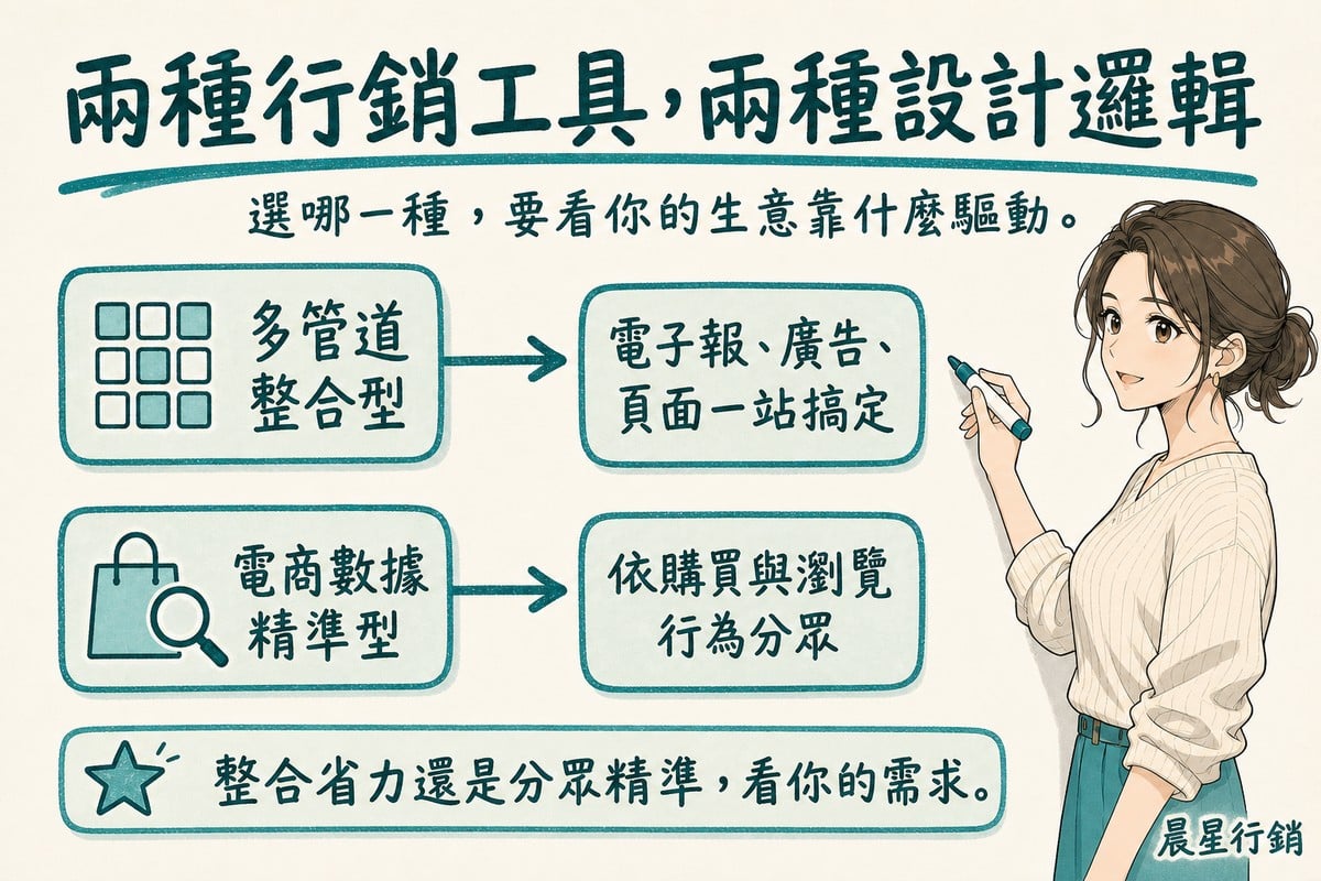 白板上兩組圖示分別指向多管道整合型與電商數據精準型兩種行銷工具邏輯,顧問在一旁講解