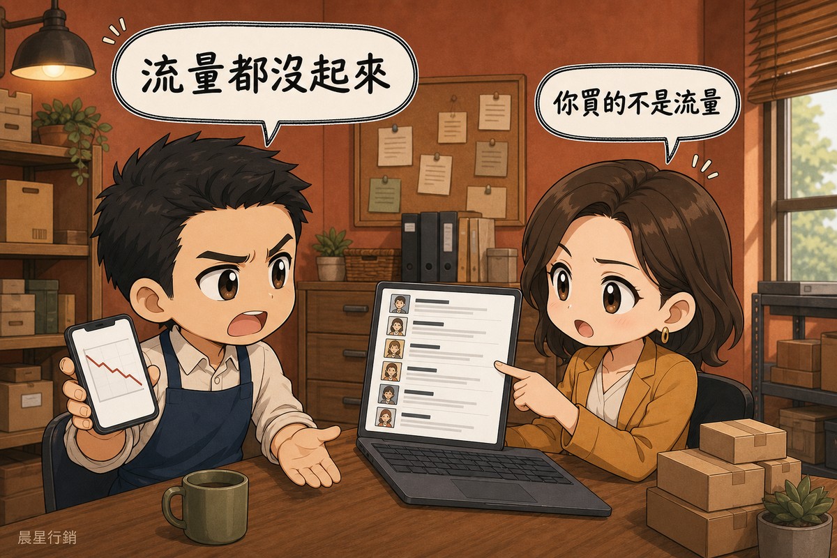 一位穿著圍裙的男性業主舉起手機,螢幕上是一張往下掉的折線圖;對面的女性行銷顧問指著筆電,螢幕上是一整排不同人寫的推薦文。
