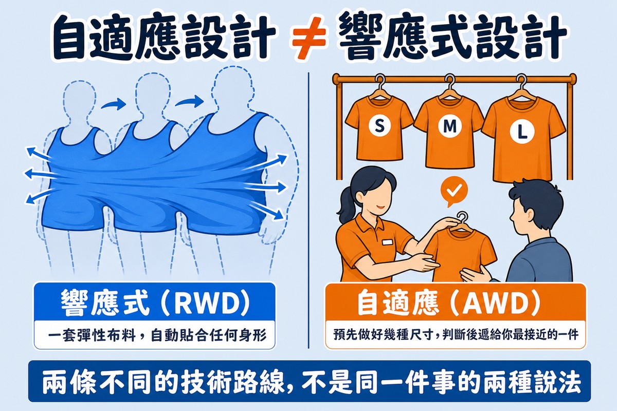 圖解左側響應式網站設計像一件彈性布料衣服自動貼合各種身形,右側自適應網站設計像衣架上S、M、L三種固定尺碼服裝,店員遞給顧客最接近的一件,底部文字說明兩者是不同技術路線