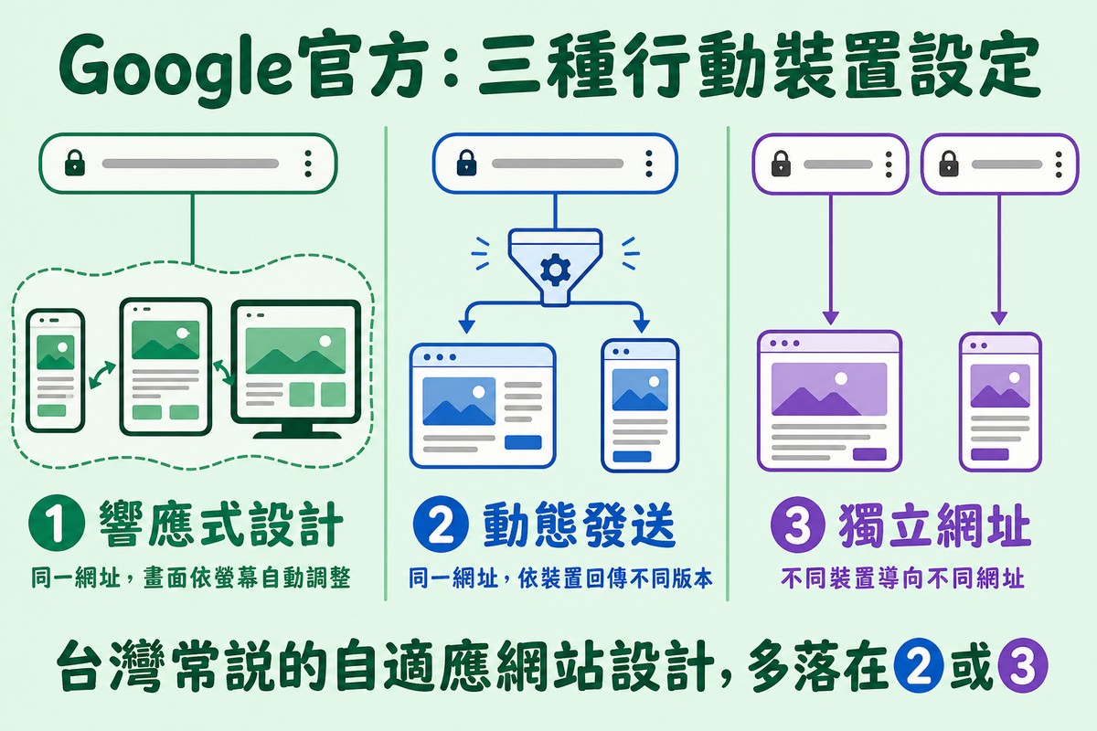 圖解Google官方三種行動裝置技術設定:響應式設計單一網址畫面連續調整、動態發送同一網址依裝置偵測回傳不同版本、獨立網址不同裝置導向不同網址