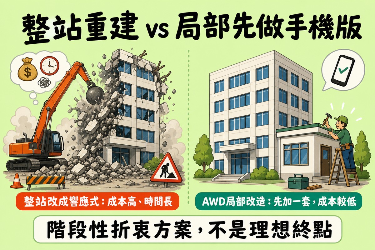 圖解左側整棟建築物被怪手拆除重建,代表整站改成響應式成本高時間長,右側同一棟建築物旁加蓋小型側翼,代表AWD局部改造成本較低