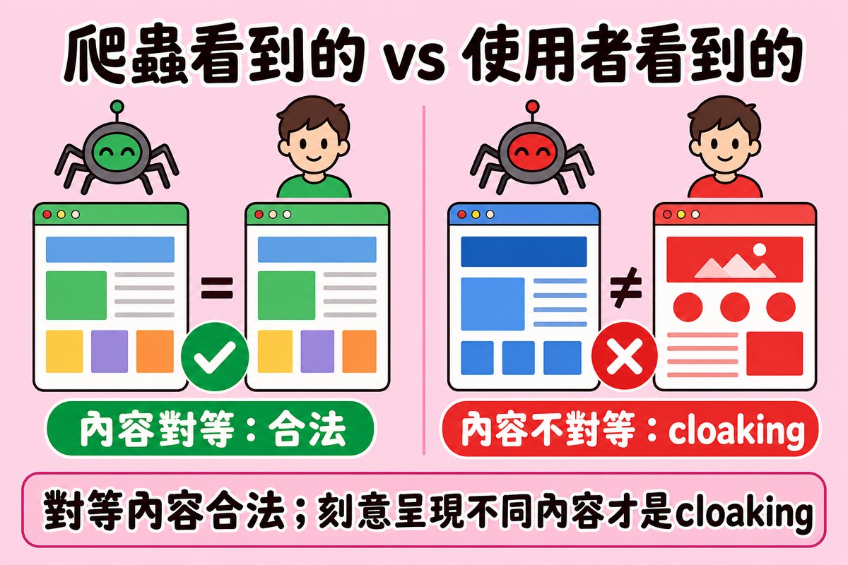 圖解左側爬蟲圖示與使用者圖示看到內容完全對等的兩個網頁,中間打勾代表合法,右側爬蟲與使用者看到內容明顯不同的兩個網頁,中間打叉代表構成cloaking