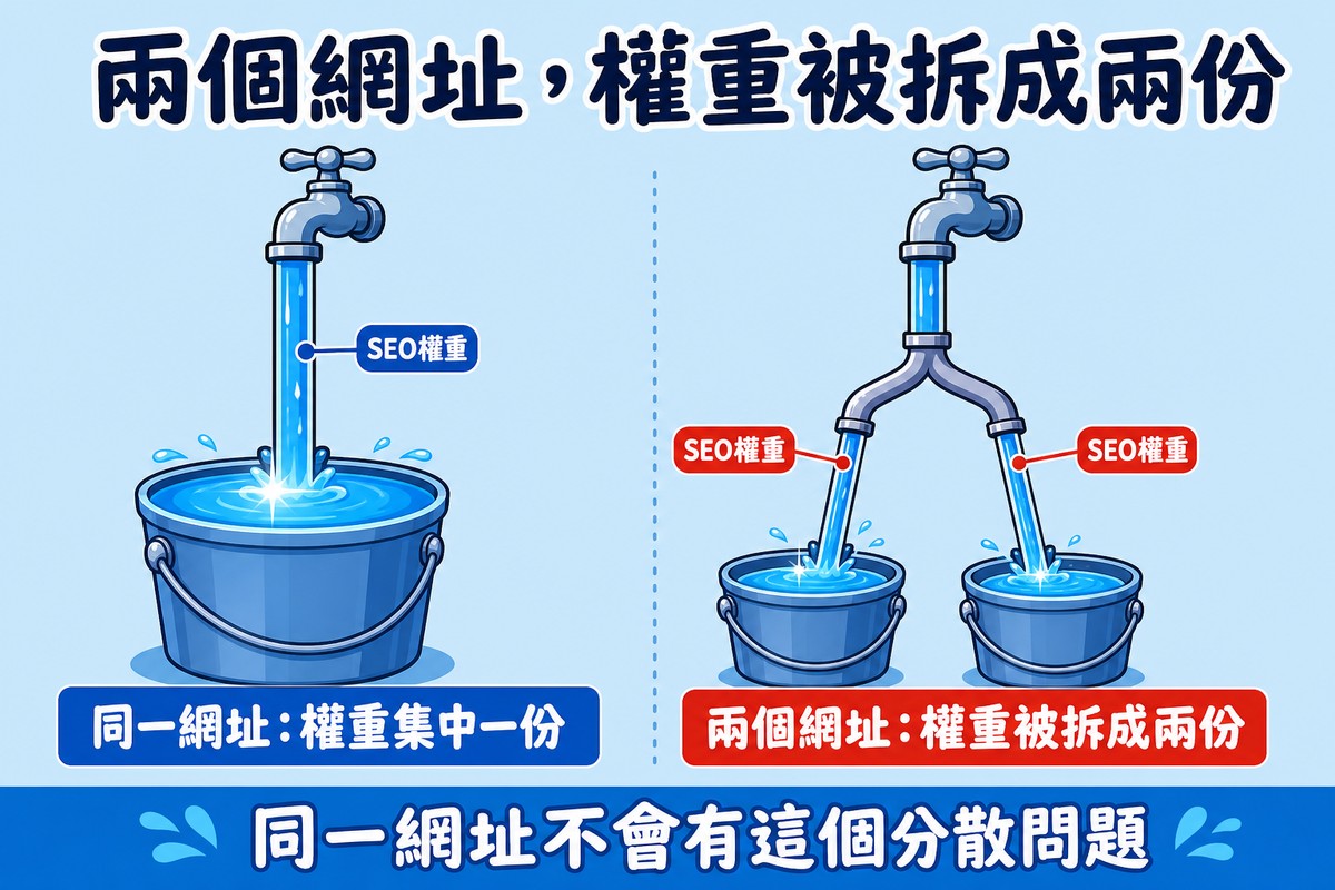 圖解左側單一水龍頭經一條粗水管注滿一個大水桶代表同一網址權重集中,右側同一水龍頭分岔成兩條細水管各自注入較小水桶代表兩個網址權重被拆分