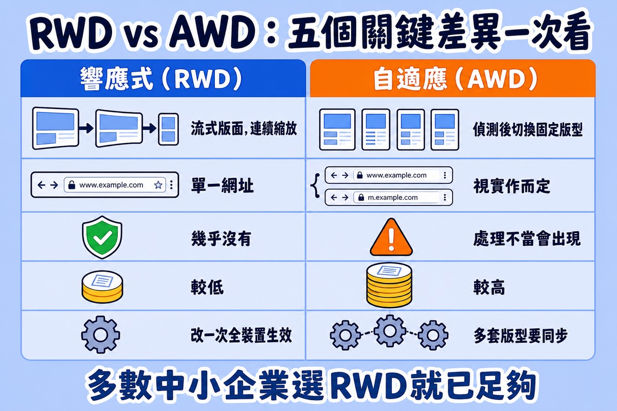圖解RWD與AWD五個關鍵差異總覽表格,包含版面邏輯、網址與程式碼、重複內容風險、建置成本、維護成本五個項目的圖示對照