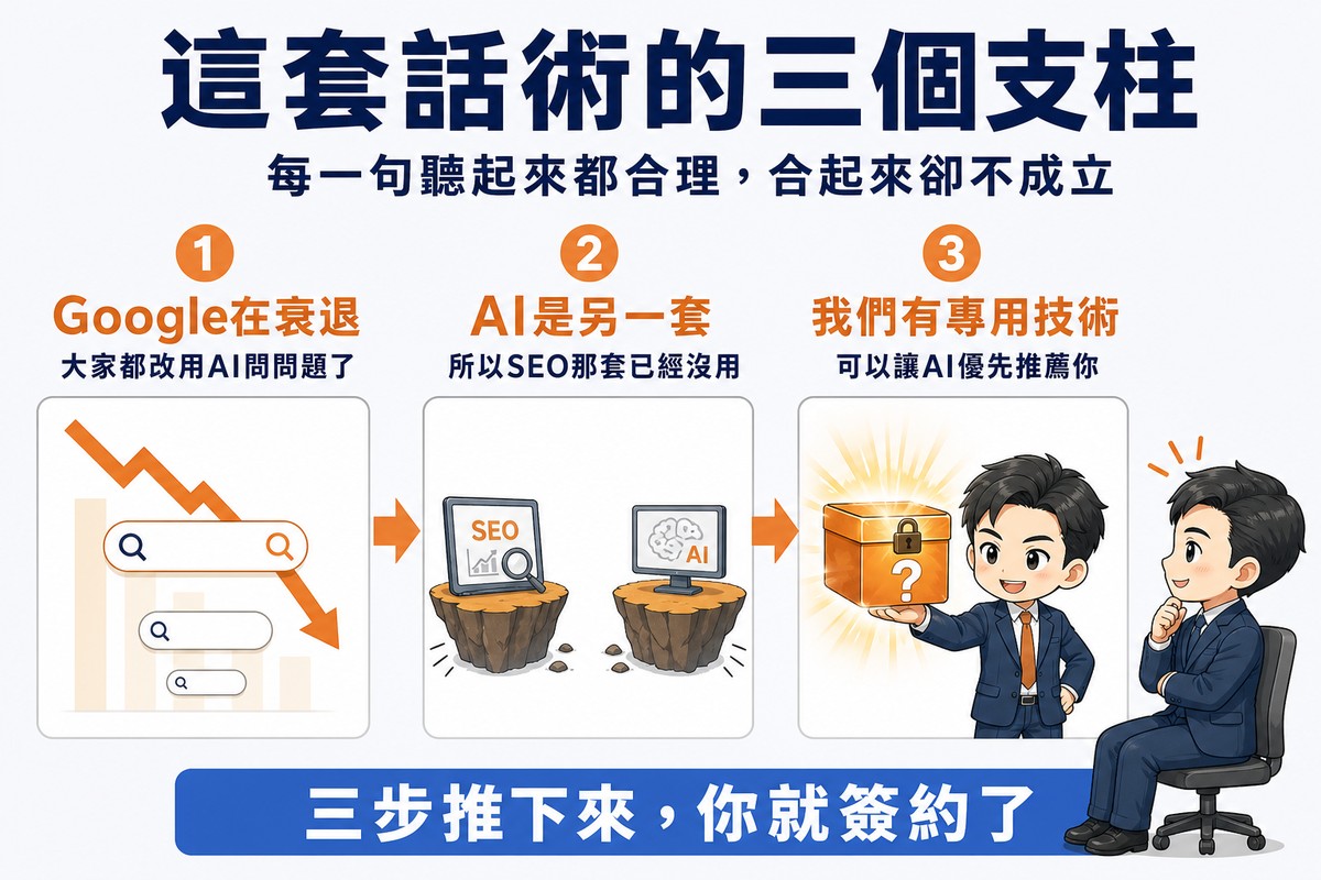 三欄流程圖,依序標示Google在衰退、AI是另一套、我們有專用技術,最後箭頭導向簽約,右側有一位業主逐漸傾身聆聽