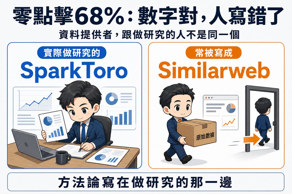 左右對照,左側藍色是真正分析數據並寫出報告的研究者SparkToro,右側橘色是只遞出一箱原始資料就離開、沒有寫任何東西的資料提供者Similarweb