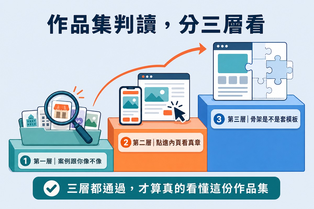 三階樓梯圖，第一階放著放大鏡與資料夾代表篩選相近案例，第二階放著手機與瀏覽器視窗代表點進內頁與切手機版，第三階放著網頁骨架與拼圖代表判斷是否套模板，箭頭從第一階指向第三階，底部寫著三層都通過才算真的看懂這份作品集