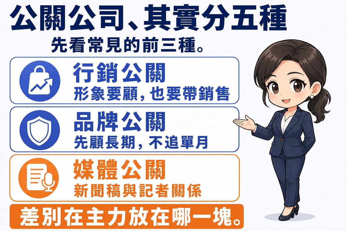 上下三列卡片圖,右側站著一位女性顧問伸手介紹。第一列藍色「行銷公關」,說明「形象要顧,也要帶銷售」;第二列藍色「品牌公關」,說明「先顧長期,不追單月」;第三列橘色「媒體公關」,說明「新聞稿與記者關係」。底部橘色長條寫「差別在主力放在哪一塊」。