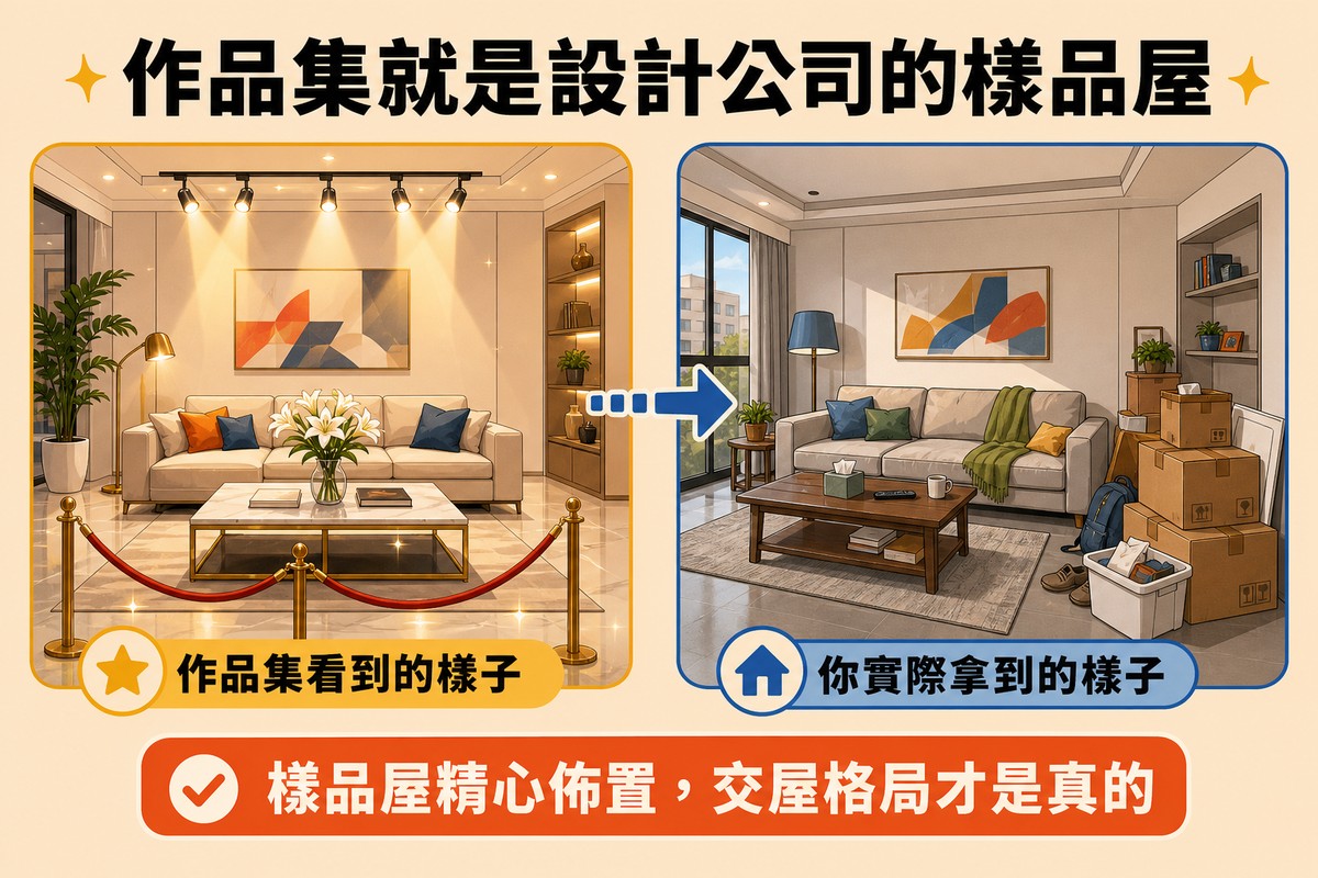 左右對照兩個相同格局的客廳，左邊是燈光美佈置精緻的樣品屋、掛著紅絨繩，右邊是搬家後真實居住的客廳、放著紙箱，中間有箭頭連接