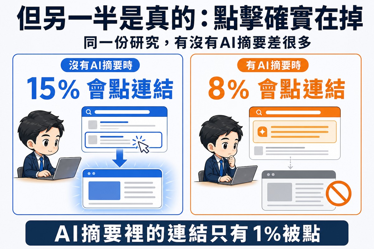 左右兩欄對照,左欄藍色標示沒有AI摘要時15%會點連結、網頁被點亮,右欄橘色標示有AI摘要時只有8%、網頁變暗