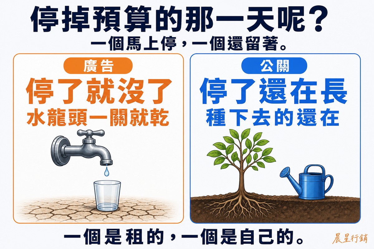 左右兩欄對照圖,沒有人物。左欄橘色標示「廣告」,大字寫「停了就沒了」,說明「水龍頭一關就乾」,插圖是關上的水龍頭、下方空杯與乾裂的地面。右欄藍色標示「公關」,大字寫「停了還在長」,說明「種下去的還在」,插圖是一棵已經扎根長葉的小樹,旁邊放著閒置的澆水壺。底部寫「一個是租的,一個是自己的」。