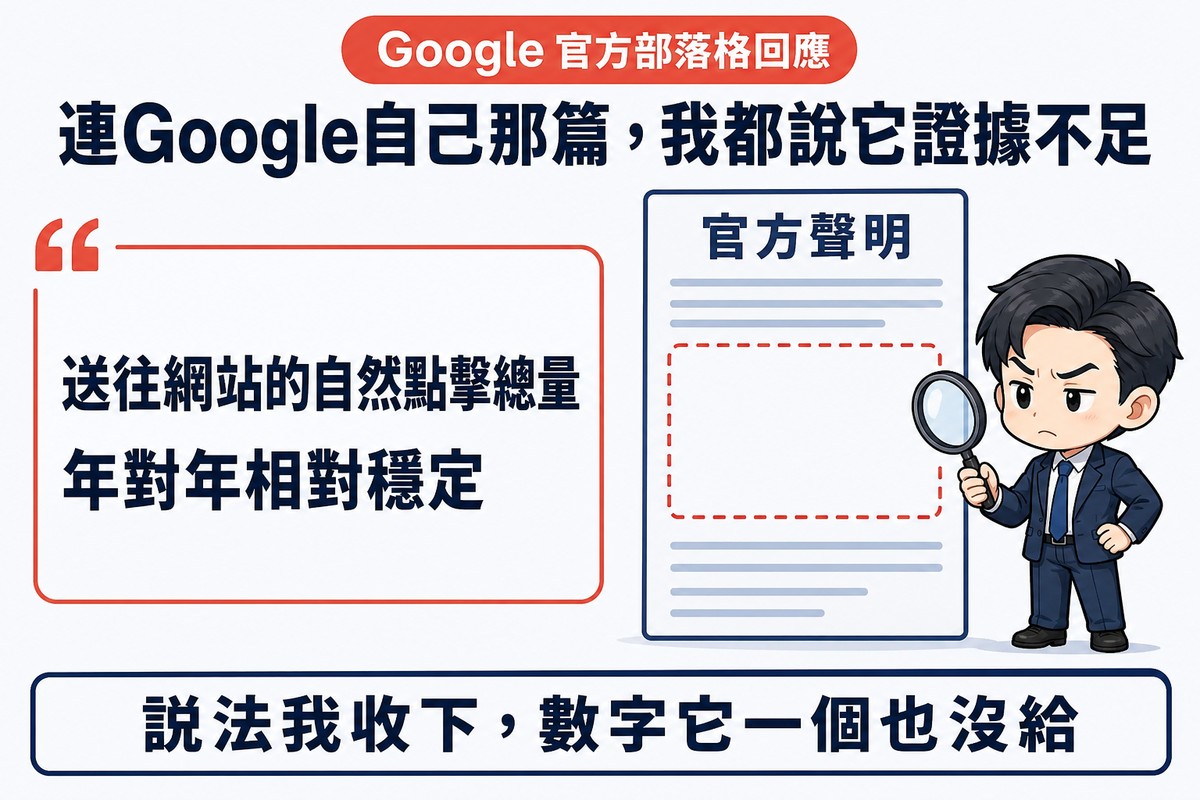 記者拿放大鏡檢視一份官方聲明頁,頁面有大標題但應該放圖表的區域是空的虛線框,人物表情存疑挑眉