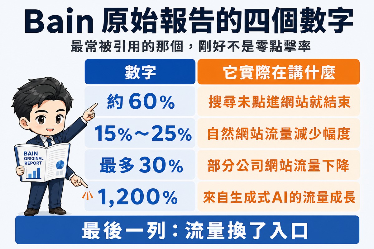 四列兩欄表格,左欄是Bain報告的原始數字、右欄說明各自實際在講什麼,顧問手持原始報告同時指著第一列與最後一列