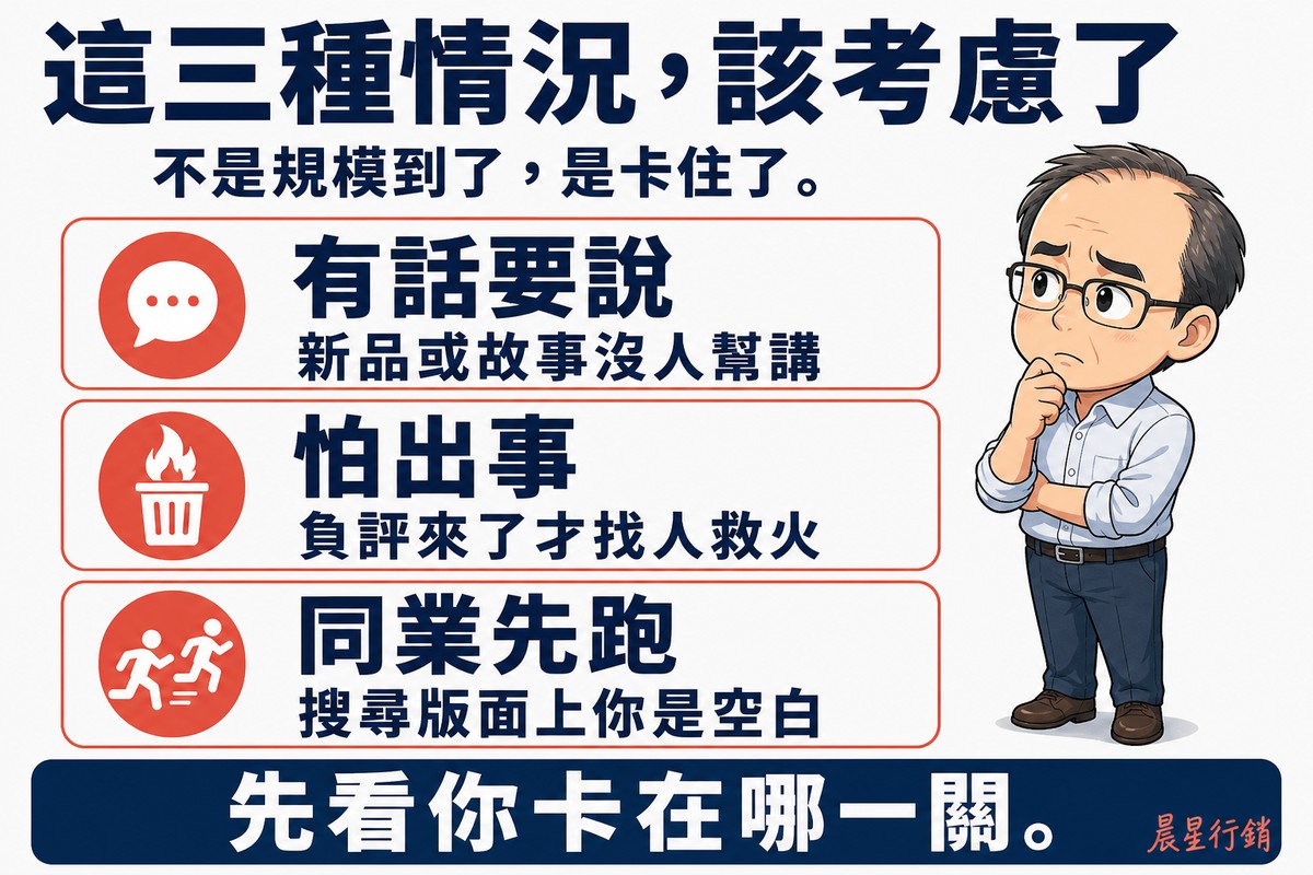 上下三列卡片圖,右側站著一位戴眼鏡、雙手抱胸思考的中年男性企業主。三列珊瑚紅圓形圖示搭配深藍標題:「有話要說」說明「新品或故事沒人幫講」、「怕出事」說明「負評來了才找人救火」、「同業先跑」說明「搜尋版面上你是空白」。底部深藍長條寫「先看你卡在哪一關」。