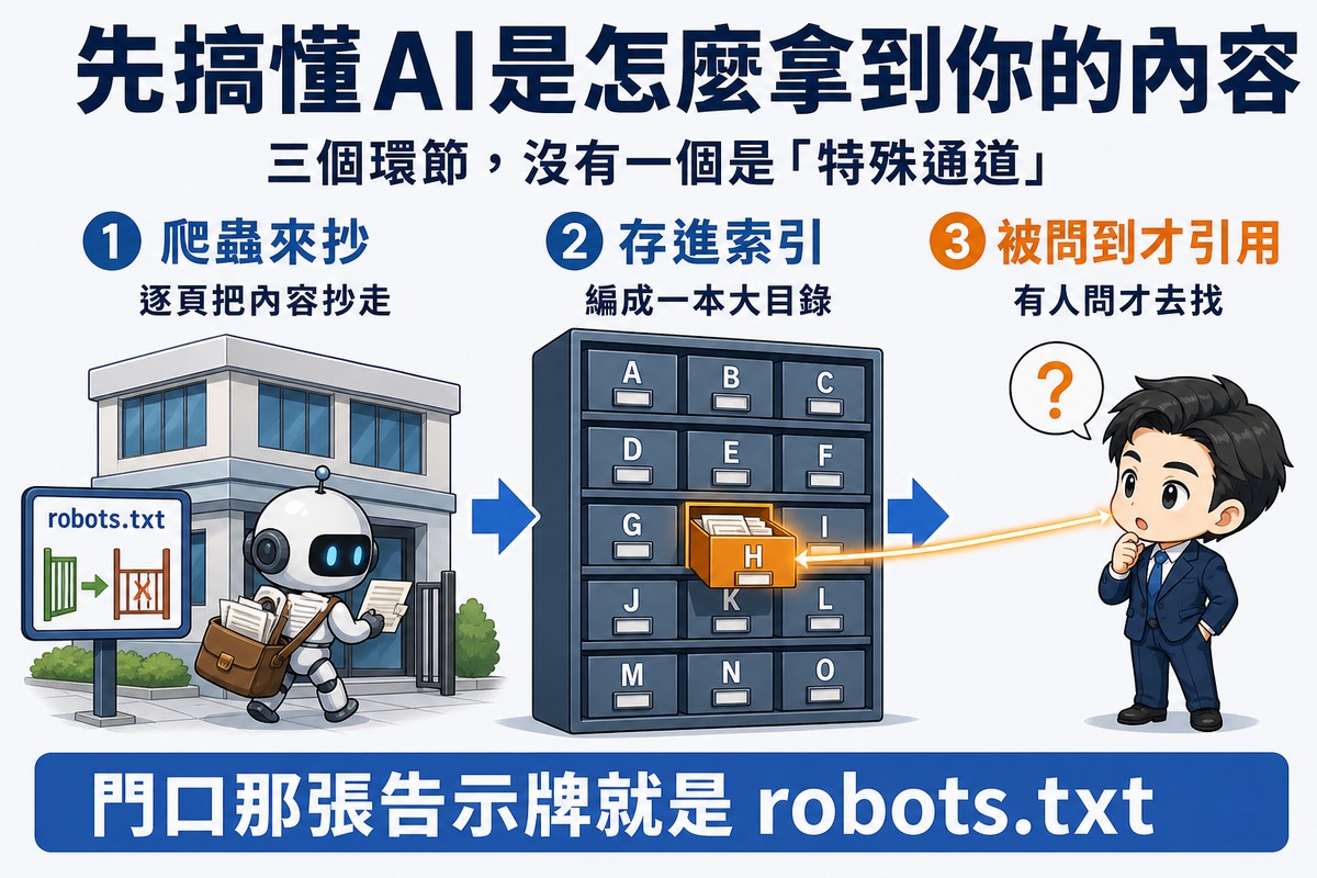 三階段流程圖,爬蟲機器人到建築物抄寫內容、存進標示字母的大型索引櫃、有人提問時才從某個抽屜取出,門口立著robots.txt告示牌只有可進與不可進兩種標示