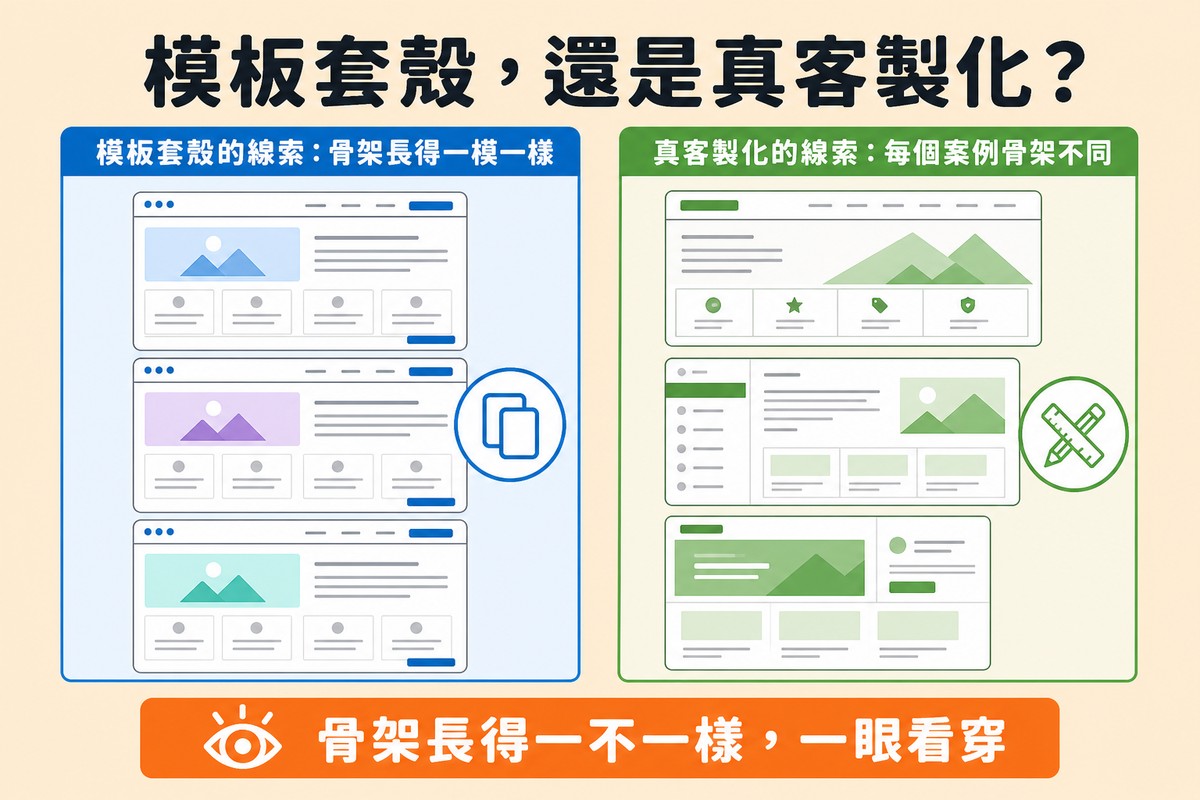 左欄三個網頁線框圖排版完全相同只換了顏色與圖片，右欄三個網頁線框圖排版各不相同，左欄上方有複製圖示、右欄上方有尺規鉛筆圖示
