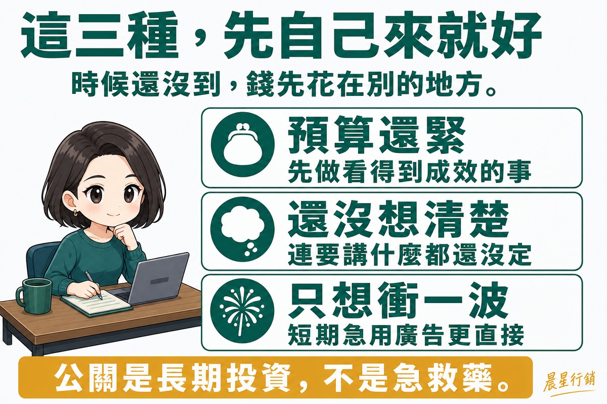 上下三列卡片圖,左側坐著一位在筆電前記事、神情從容的年輕女性創業者。三列深綠色圓形圖示搭配綠色標題:「預算還緊」說明「先做看得到成效的事」、「還沒想清楚」說明「連要講什麼都還沒定」、「只想衝一波」說明「短期急用廣告更直接」。底部暖金色長條寫「公關是長期投資,不是急救藥」。