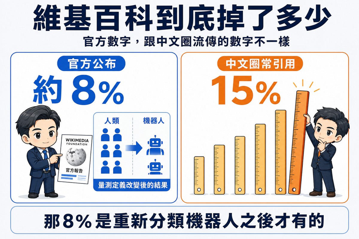 左側藍色是官方公布的約8%,旁邊小圖示標示機器人被重新分類出人類欄位;右側橘色是中文圈常引用的15%,畫成好幾把長度不同的尺、一隻手挑走最長的那把