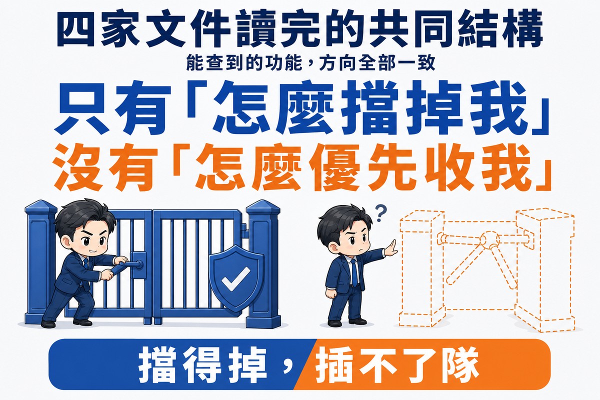 左側是畫得完整、可以確實關上的閘門,右側是只用虛線畫出的快速通道,後面空無一物,人物伸手卻摸到空氣