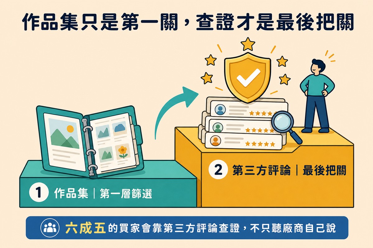 兩階樓梯，第一階放著打開的作品集資料夾圖示，第二階更高放著盾牌勾選圖示與一疊帶星級評分的評論卡片