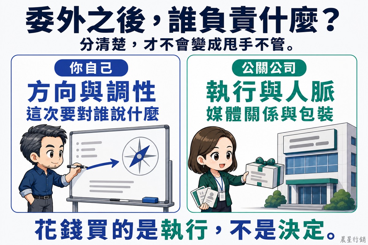 左右兩欄對照圖。左欄靛藍標示「你自己」,大字「方向與調性」,說明「這次要對誰說什麼」,插圖是一位男性老闆在白板上畫出一支明確的方向箭頭,旁邊有指南針。右欄綠色標示「公關公司」,大字「執行與人脈」,說明「媒體關係與包裝」,插圖是一位掛識別證的女性顧問拿著包裝好的故事禮盒遞向一棟媒體大樓,另一手拿著一疊聯絡名片。底部寫「花錢買的是執行,不是決定」。