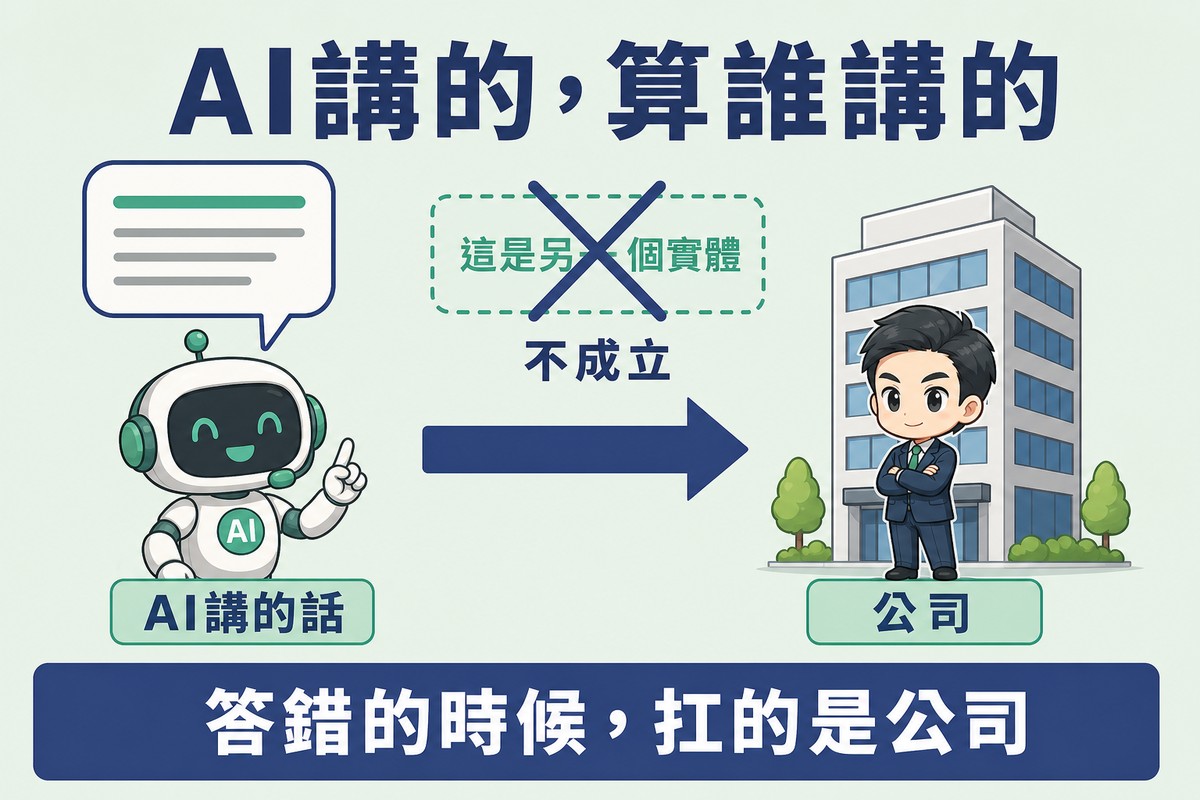 左邊一個機器人助理圖示冒出對話框標AI講的話,粗箭頭指向右邊的公司大樓圖示標公司;箭頭上方一個虛線方框寫著這是另一個實體,被一個粗大的叉號劃掉並標示不成立。