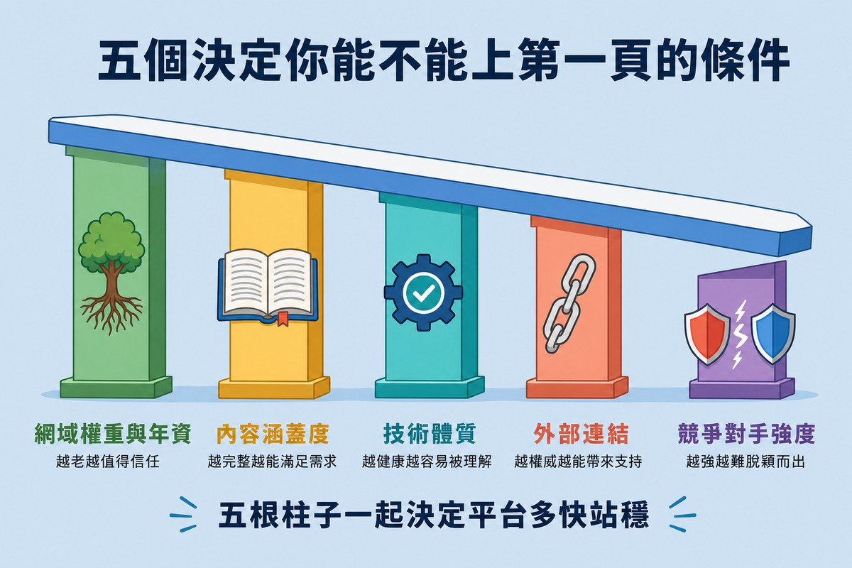 五根不同高度的柱子撐著一塊傾斜的平台，柱子分別標示網域權重與年資、內容涵蓋度、技術體質、外部連結、競爭對手強度。