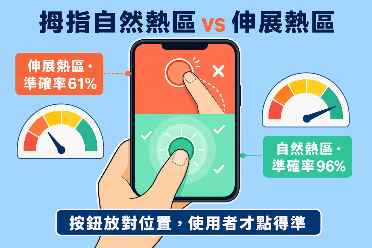 一支手機被手掌握著,螢幕分成上下兩色塊,下半部薄荷綠標示拇指自然熱區準確率96%,上半部珊瑚橘標示伸展熱區準確率61%