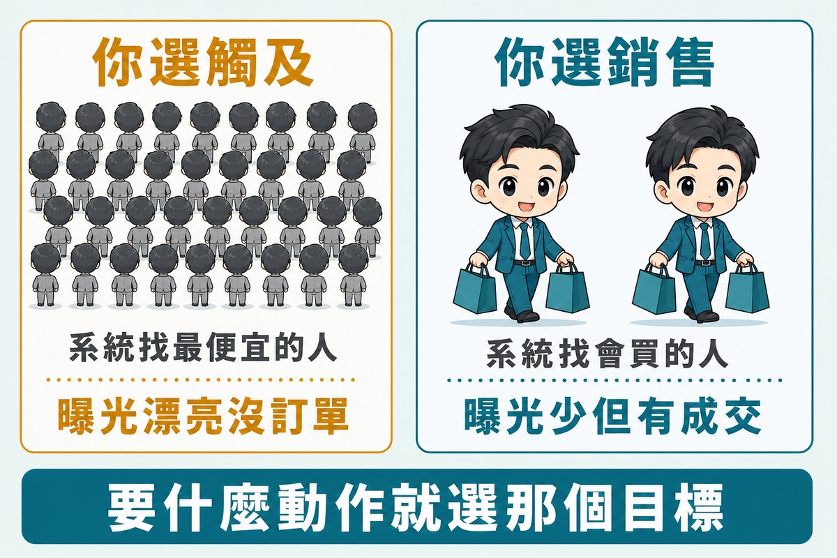 解說圖:左框標你選觸及,底下密集排列許多灰色小人,說明系統找最便宜的人、曝光漂亮沒訂單;右框標你選銷售,底下只有兩個實心角色提著購物袋,說明系統找會買的人、曝光少但有成交。