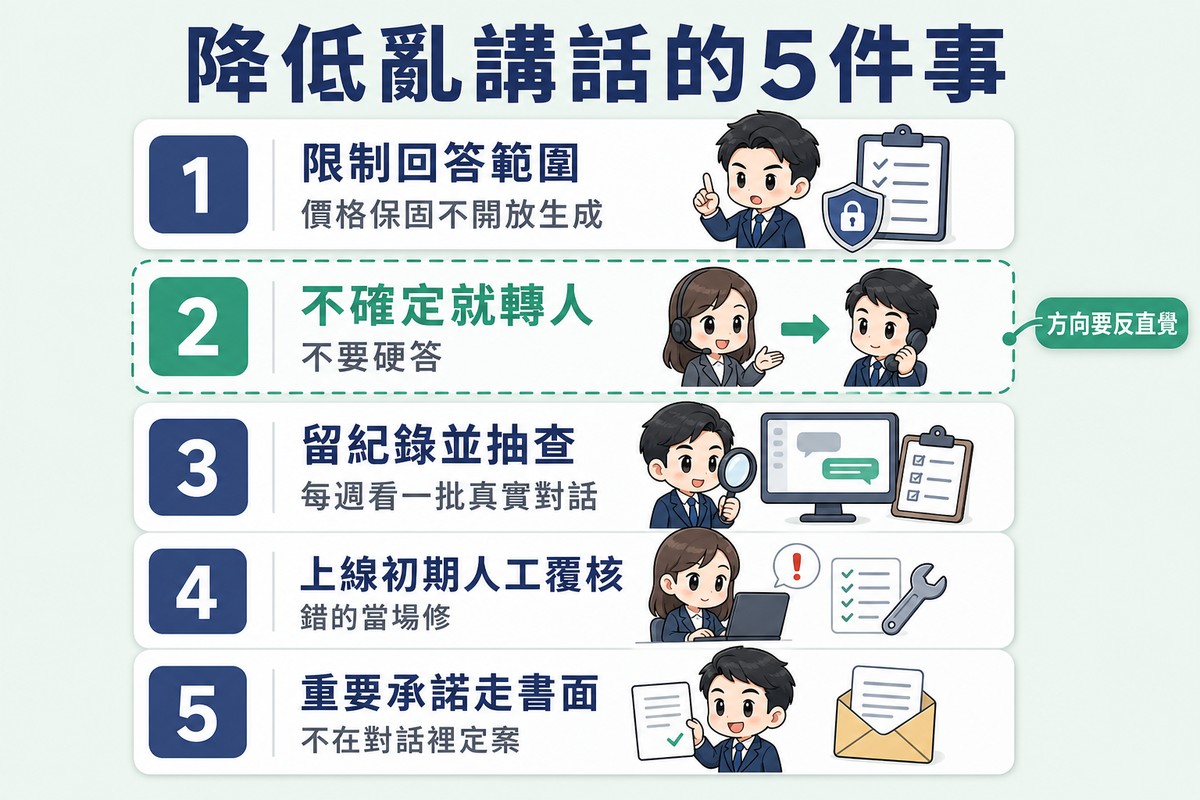 垂直編號清單五項,依序為限制回答範圍配價格保固不開放生成、不確定就轉人配不要硬答、留紀錄並抽查配每週看一批真實對話、上線初期人工覆核配錯的當場修、重要承諾走書面配不在對話裡定案;第二項以綠色徽章與虛線框強調,旁邊標籤寫方向要反直覺。