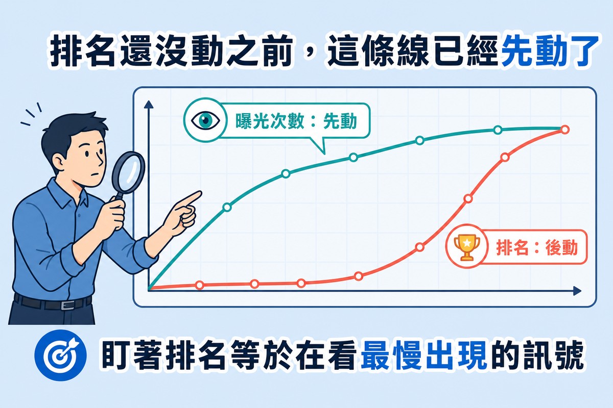 同一張折線圖上兩條曲線，代表曝光次數的曲線較早開始上升，代表排名的曲線較晚才開始上升，一個小人物拿著放大鏡在觀察較早上升的曲線。