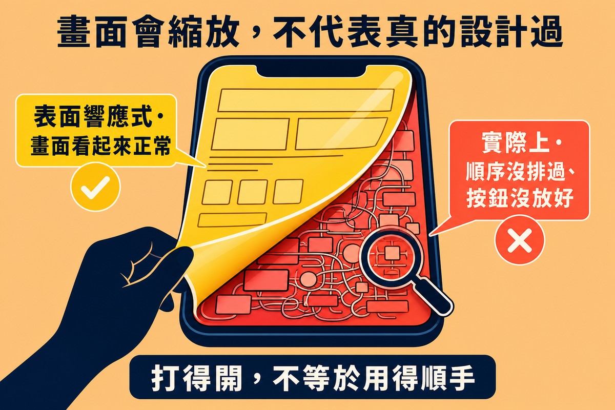 一支手機畫面被掀開表層,表層畫面看起來正常整齊,掀開後裡層露出雜亂擁擠、大小不一的按鈕