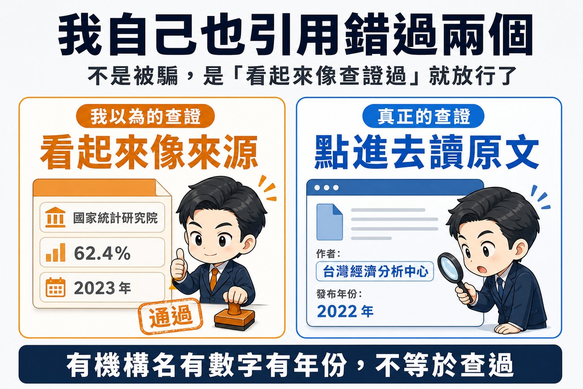 左側橘色是誤以為的查證,對著同時有機構名、百分比與年份三個標章的引用點頭蓋章放行;右側藍色是真正的查證,實際點進原始報告頁面讀到不同的作者名而睜大眼睛