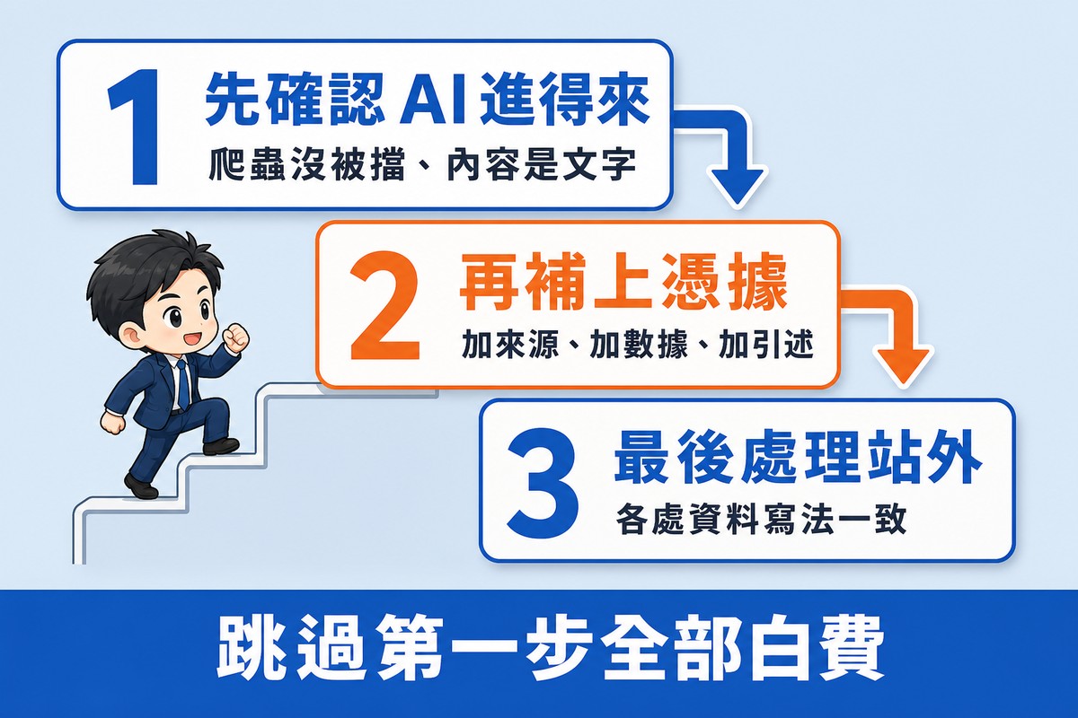 解說圖:由左上往右下的三階梯,依序是先確認 AI 進得來、再補上憑據、最後處理站外,中間以粗箭頭相連,旁邊有角色沿著階梯往上。