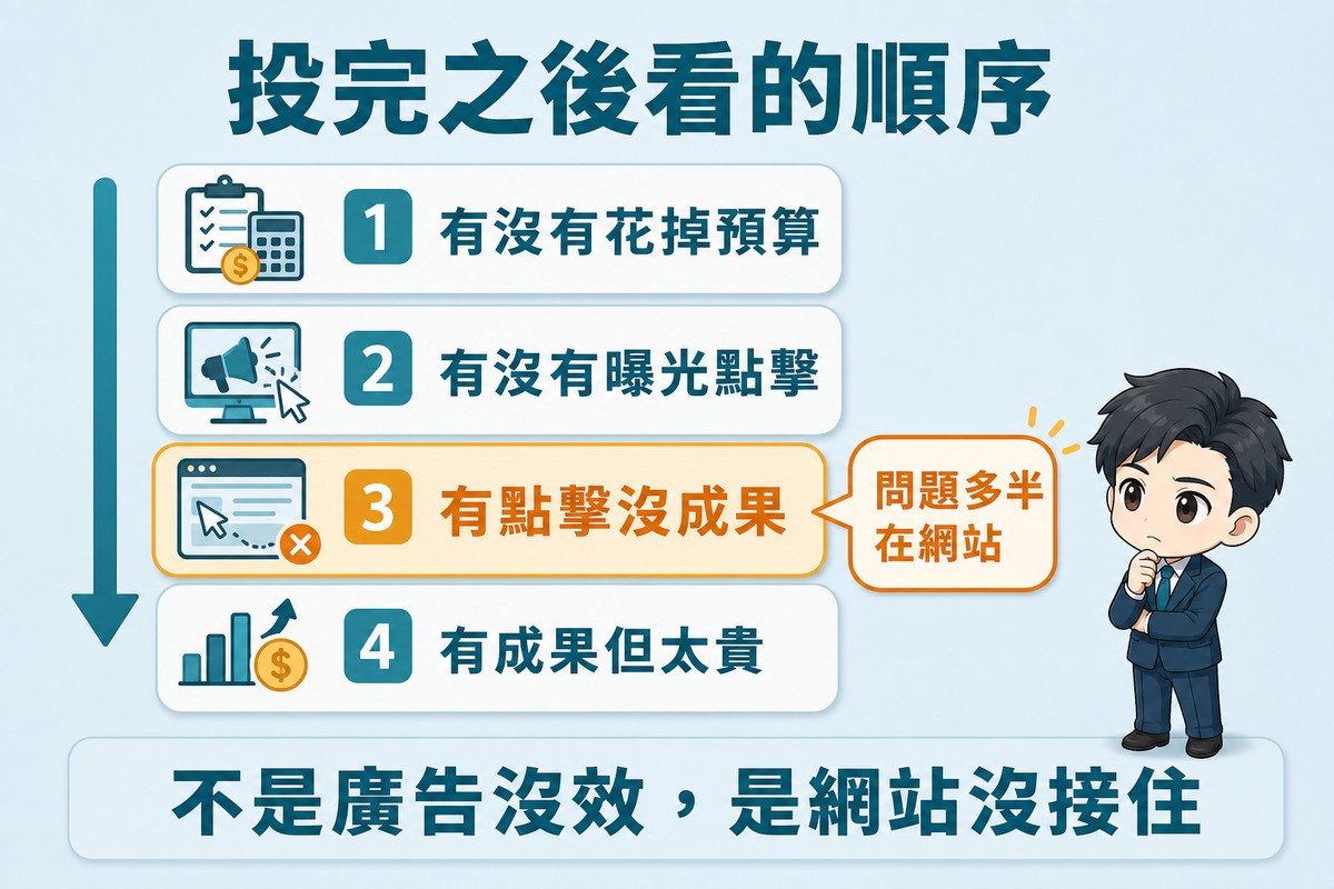 解說圖:四個步驟垂直排列並以向下箭頭相連,依序為有沒有花掉預算、有沒有曝光點擊、有點擊沒成果、有成果但太貴;第三步以對比色強調並在旁註明問題多半在網站。
