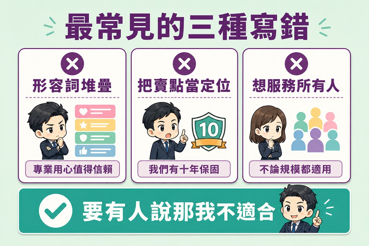 解說圖:三張卡片各配一個叉號,依序為形容詞堆疊配專業用心值得信賴、把賣點當定位配我們有十年保固、想服務所有人配不論規模都適用;下方一條主色橫帶配勾號寫著要有人說那我不適合。