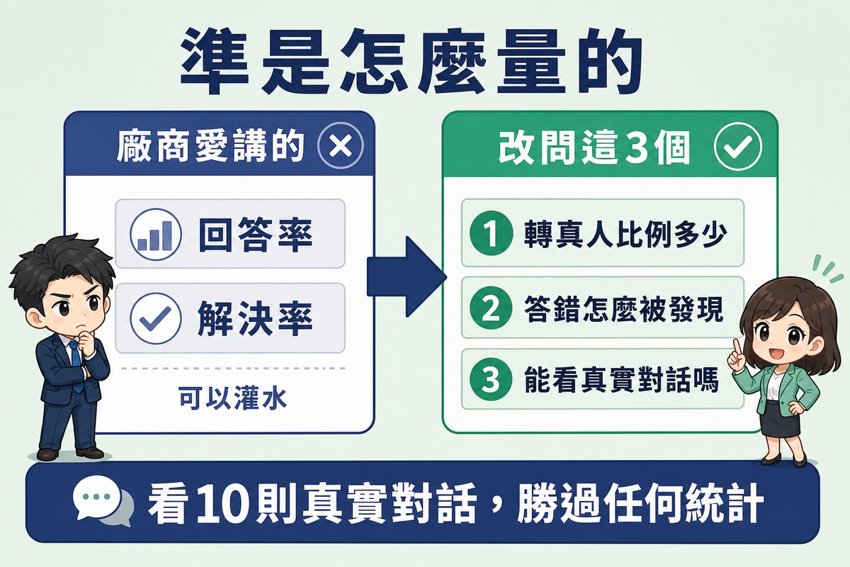 左邊一個打叉的方框標廠商愛講的,列出回答率與解決率並註明可以灌水;粗箭頭指向右邊打勾的方框標改問這3個,編號列出轉真人比例多少、答錯怎麼被發現、能看真實對話嗎。