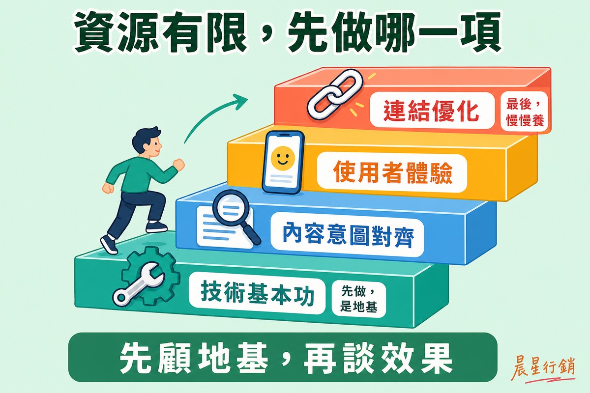 資源有限時SEO優化的優先順序階梯圖,一個人物依序爬過技術基本功、內容意圖對齊、使用者體驗、連結優化四階