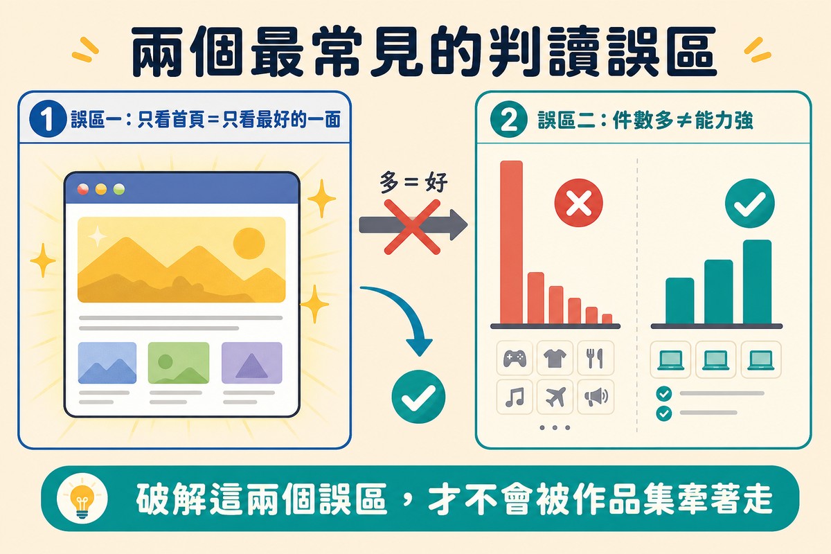 左邊一個閃亮的瀏覽器首頁截圖搭配眼睛圖示，右邊兩個長條圖比較件數多但打叉與件數少但打勾，中間有一個大叉叉劃掉錯誤的等號