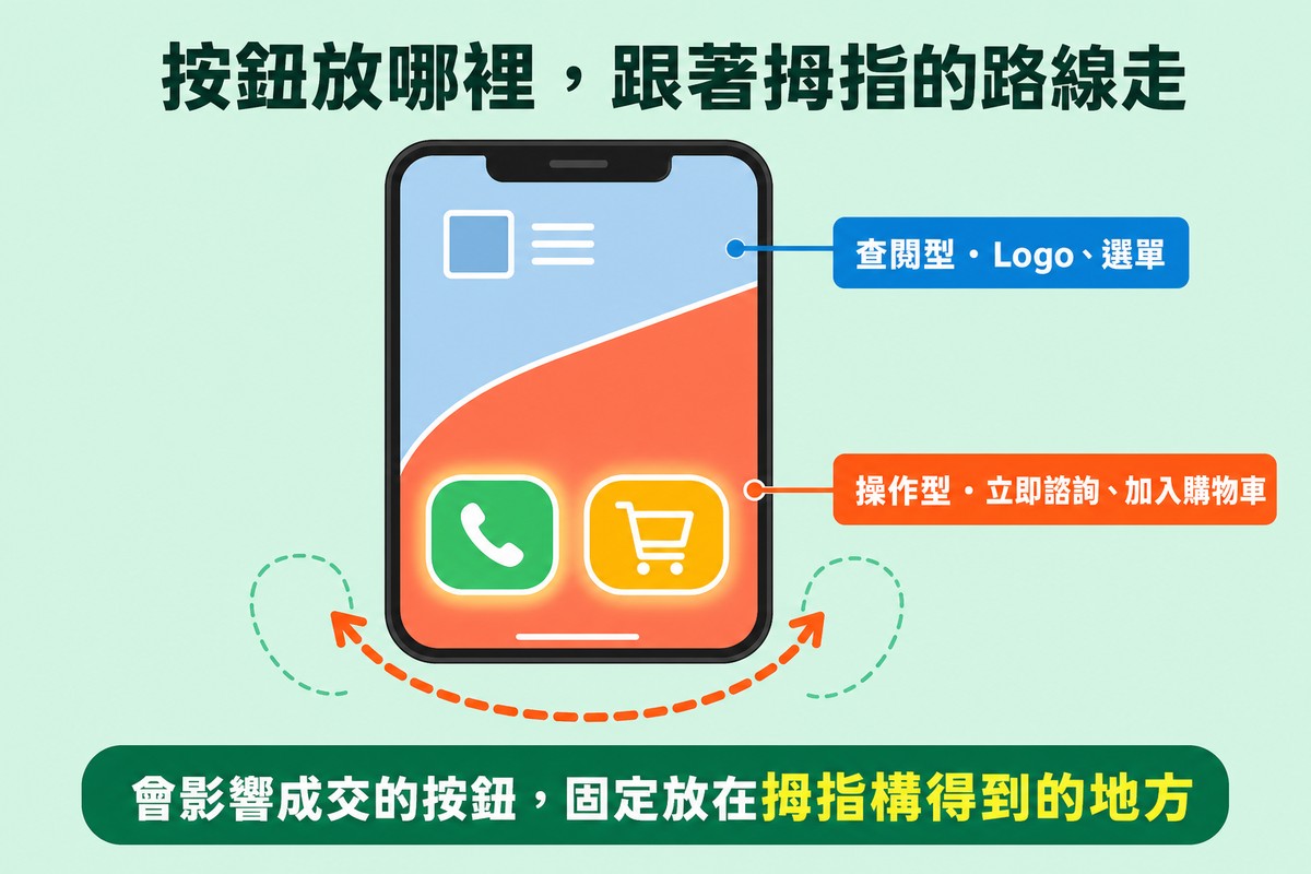 一支手機螢幕依拇指弧線分成上下兩區,上方查閱型放Logo與選單,下方操作型放電話與購物車按鈕並有光暈強調