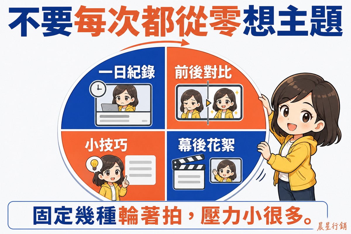 解說圖:畫面中央一個分成四等分的圓形轉盤,橘色與深藍交錯,四格分別標著「一日紀錄」「前後對比」「小技巧」「幕後花絮」,每格內有對應的小圖示,頂端有一個表示旋轉的箭頭;右側穿黃色連帽外套的女性內容企劃伸手轉動轉盤。底部寫「固定幾種輪著拍,壓力小很多。」